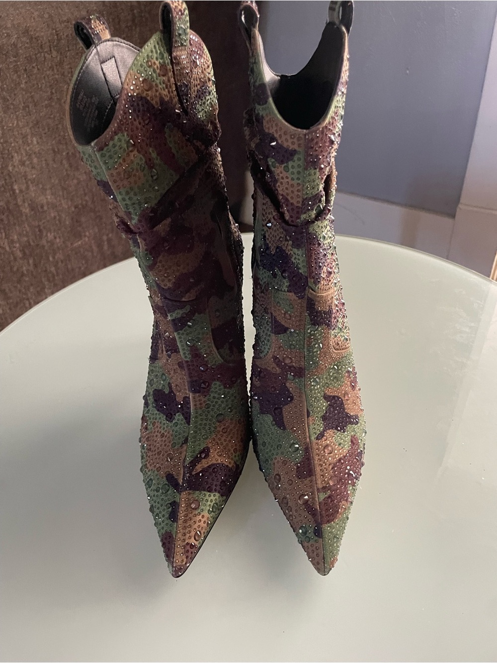 Jessica Simpson Camouflage Sequin Pointed Toe Ankle Boots - Green/Brown